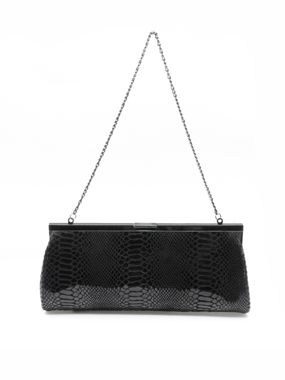 DANIER Black Snake-Embossed Leather Evening Clutch Chain Strap Frame Bag